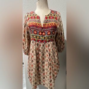 Umgee Tribal Boho Peasant Mixed Print Mini Dress 3/4 Puff Sleeve Size Small